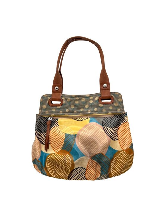 Fossil Handbags - Fossil Key-Per Multicolor Coated Canvas Tote Purse Leather Handles Zipper Pocket